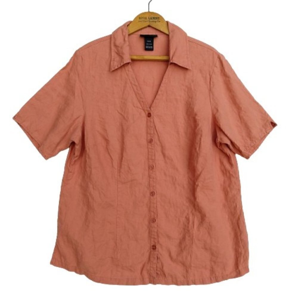 Lane Bryant Linen Top Plus Size 14/16 Terra Cotta Short Sleeve Button Up Collar